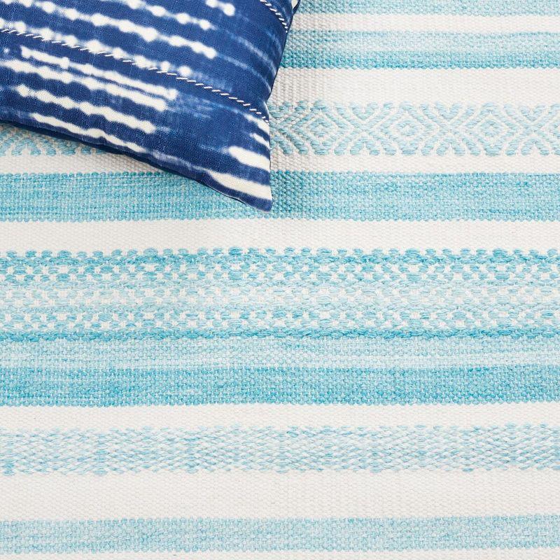 Ivory and Turquoise Striped 4' x 6' Flat Woven Wool Rug