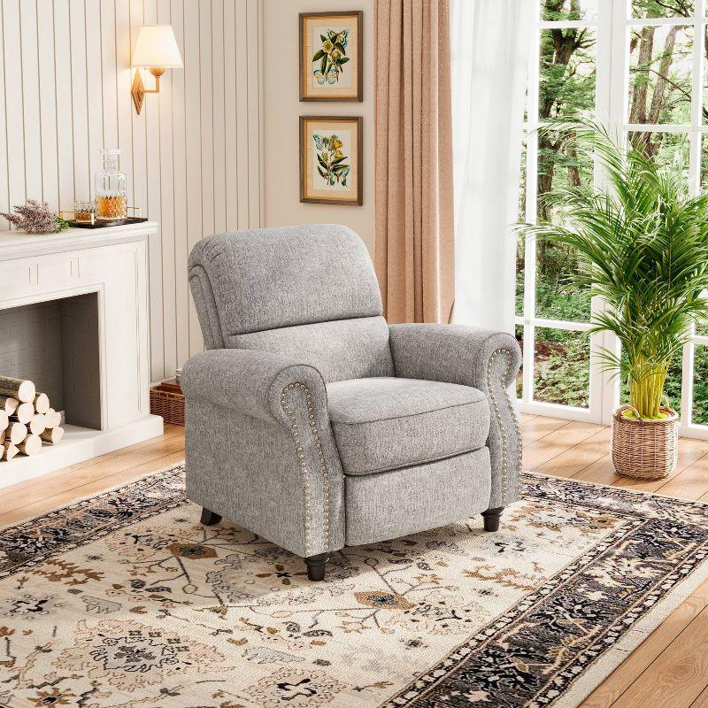 Gray Chenille Bustle-Back Recliner with Nailhead Trim