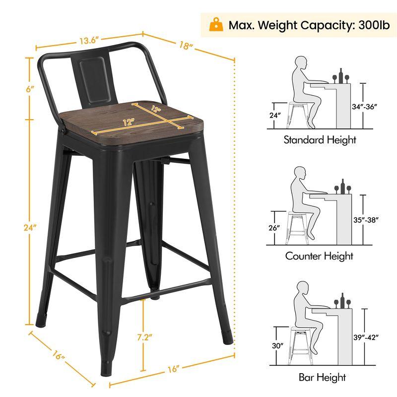 Yaheetech 24" Low Back Metal Counter Height Bar Stools with Wood Seat & Footrest, Set of 4