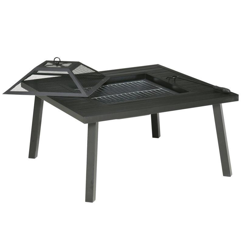 Outsunny 34" Fire Pit with Grill, Square Metal Outdoor Wood Burning Fire Pit with Spark Screen, Fire Poker, Cover, Table Lip, Black