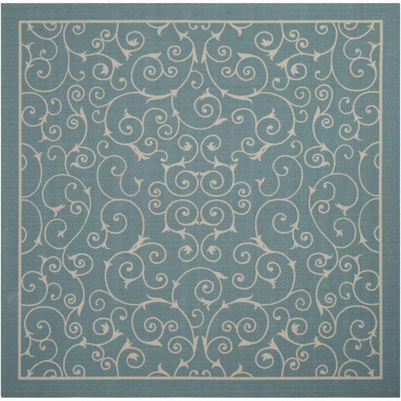 Light Blue Floral Square Easy-Care Indoor/Outdoor Area Rug