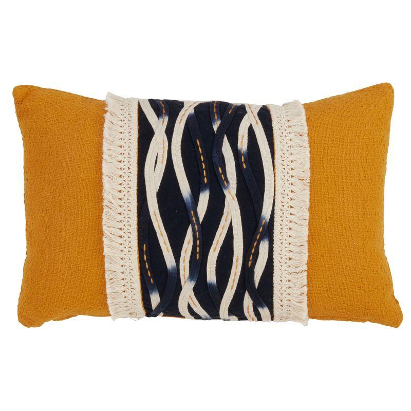 Mustard and Navy Wavy Stitched Rectangular Throw Pillow