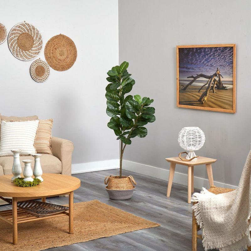 Nearly Natural 4.5-ft Fiddle Leaf Fig Artificial Tree with Boho Chic Handmade Cotton and Jute White Woven Planter