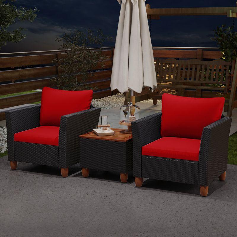 Tangkula 3PCS Patio Rattan Conversation Set Outdoor Furniture Set w/ Red Cushions