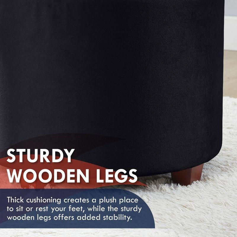 Ornavo Home Velvet Upholstered Round Tufted Storage Ottoman with Wooden Legs - Black