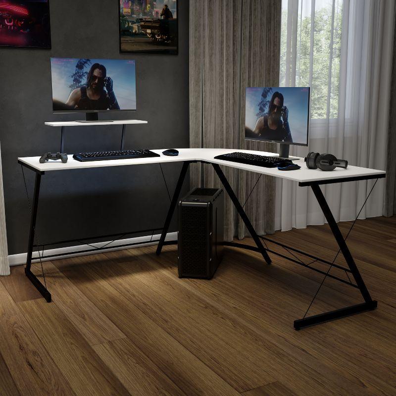 Sleek 71.5" White Laminate and Black Metal L-Shaped Gaming Desk with Monitor Stand