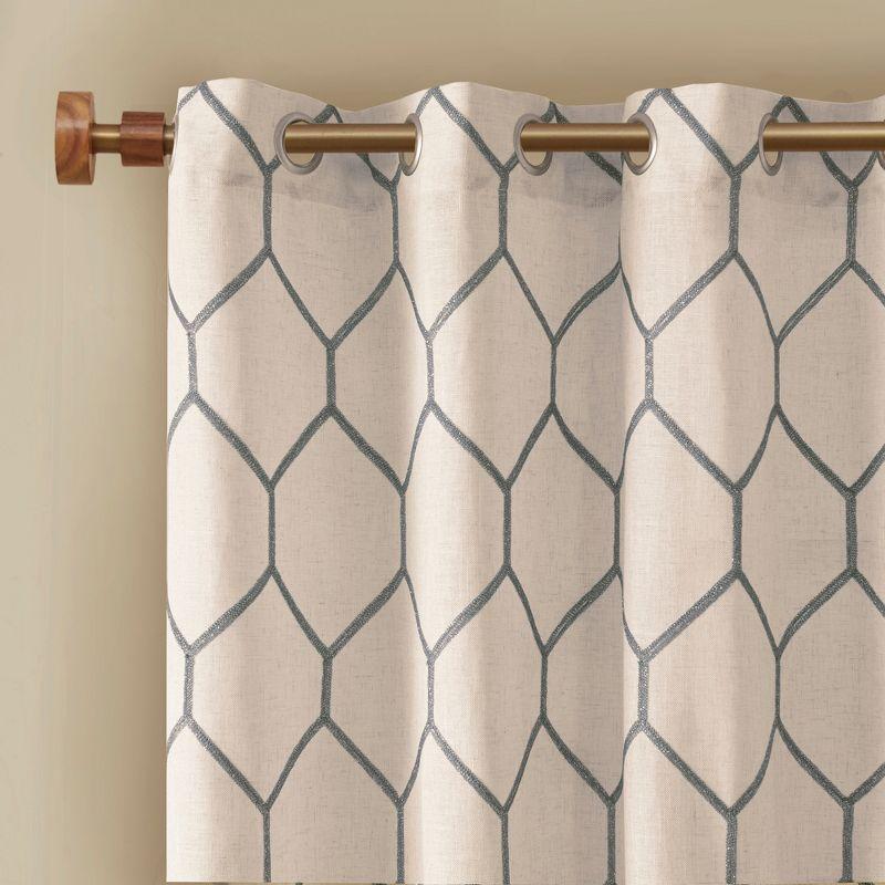 Gray Geometric Embroidered Light-Filtering Curtain Panel