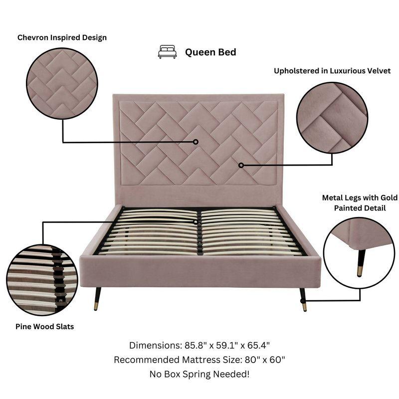 Manhattan Comfort Queen Crosby Modern Velvet Upholstered Bed Blush: Chic Wingback Design, Foam-Filled, No Box Spring Needed