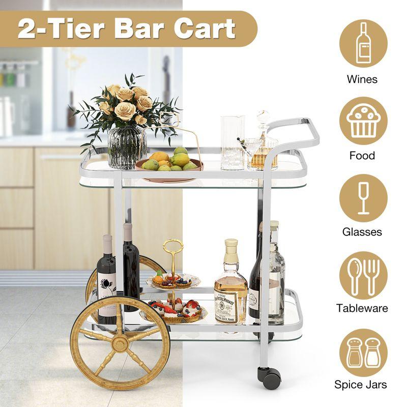 Costway Modern Bar Cart 2-Tier Tempered Glass Serving Cart with 2 Large Aluminum Wheels & 2 Rolling Casters Easy-to-Grip Handle Stainless Steel Frame