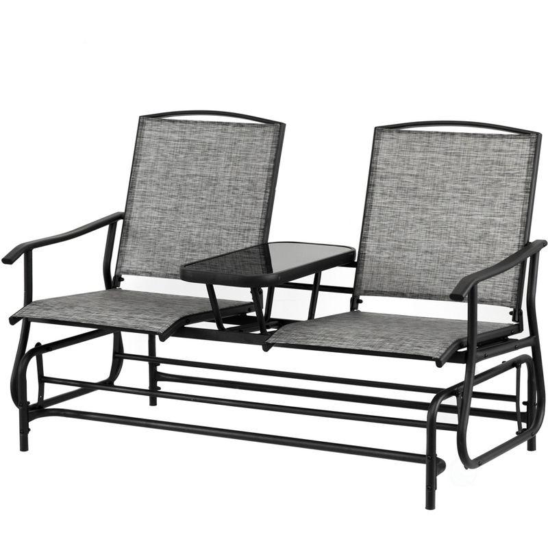Gardenised Two Person Outdoor Double Swing Glider Chair Set with Center Tempered Glass Table, Loveseat Lawn Rocker Bench