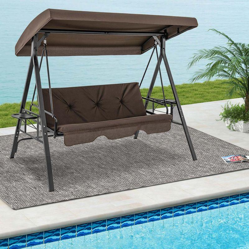 Brown Metal Outdoor 3-Seat Swing with Adjustable Canopy and Cushions