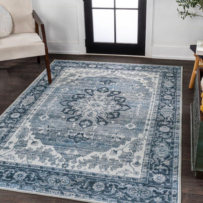 Blue and Cream Medallion Washable Synthetic Area Rug 5'3" x 7'7"