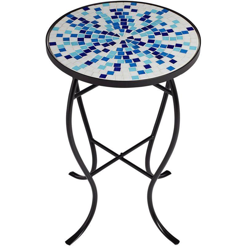 Teal Island Designs Modern Black Round Outdoor Accent Side Table 14" Wide Multi Blue Mosaic Tabletop for Front Porch Patio House Balcony