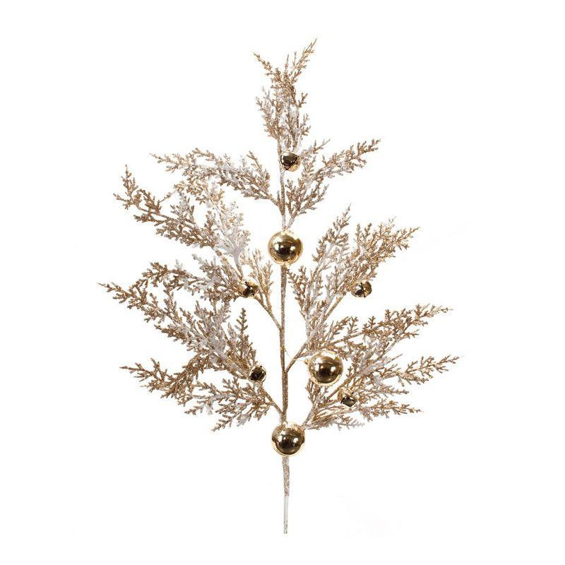 Gold and White Flocked Pine Spray with Sleigh Bells