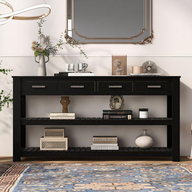 62.2" Stylish Console Table Table with 4 Storage Drawers and 2 Shelves for Entryway Hallway, Black 4M - ModernLuxe