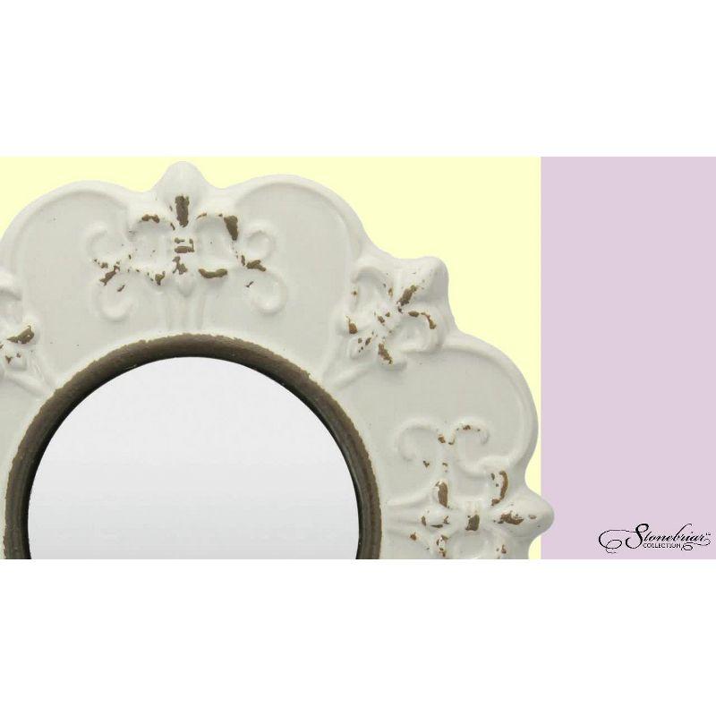 Antique White 8" Round Ceramic Fleur de Lis Wall Mirror