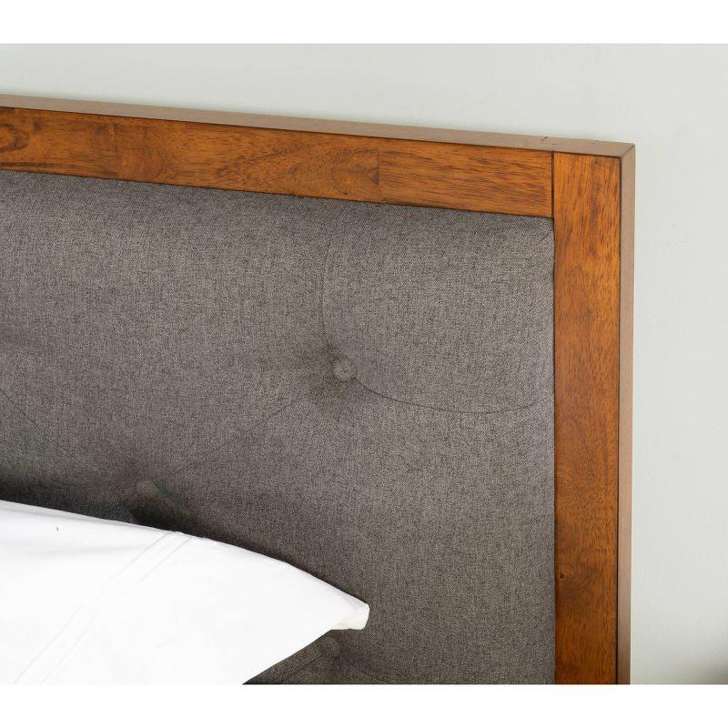 King Reid Mid-Century Platform Bed in Walnut Finish with Tufted Headboard in Gray Fabric - Linon: Upholstered Polyester, No Box Spring Needed