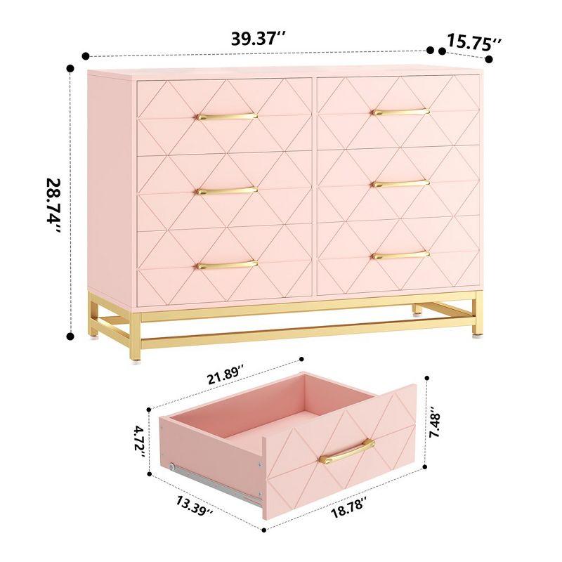 Garvee Dresser for Bedroom with 6 Drawer, Wood Dressers Chest of Drawers with Wide Drawers and Metal Handles for Living Room Hallway Entryway, Pink