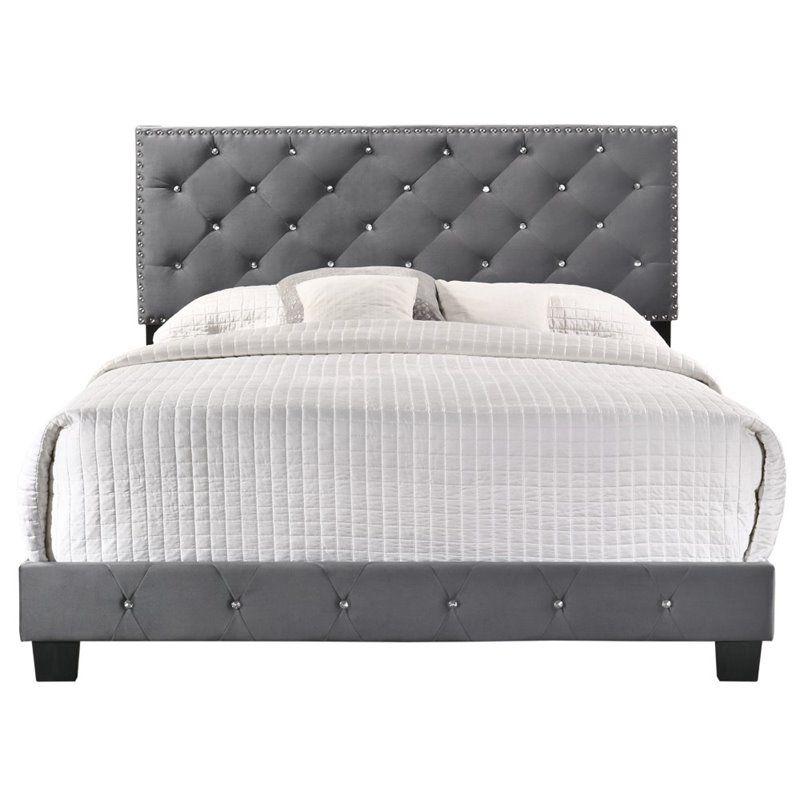 Glory Furniture Suffolk Velvet Upholstered Queen Bed in Gray