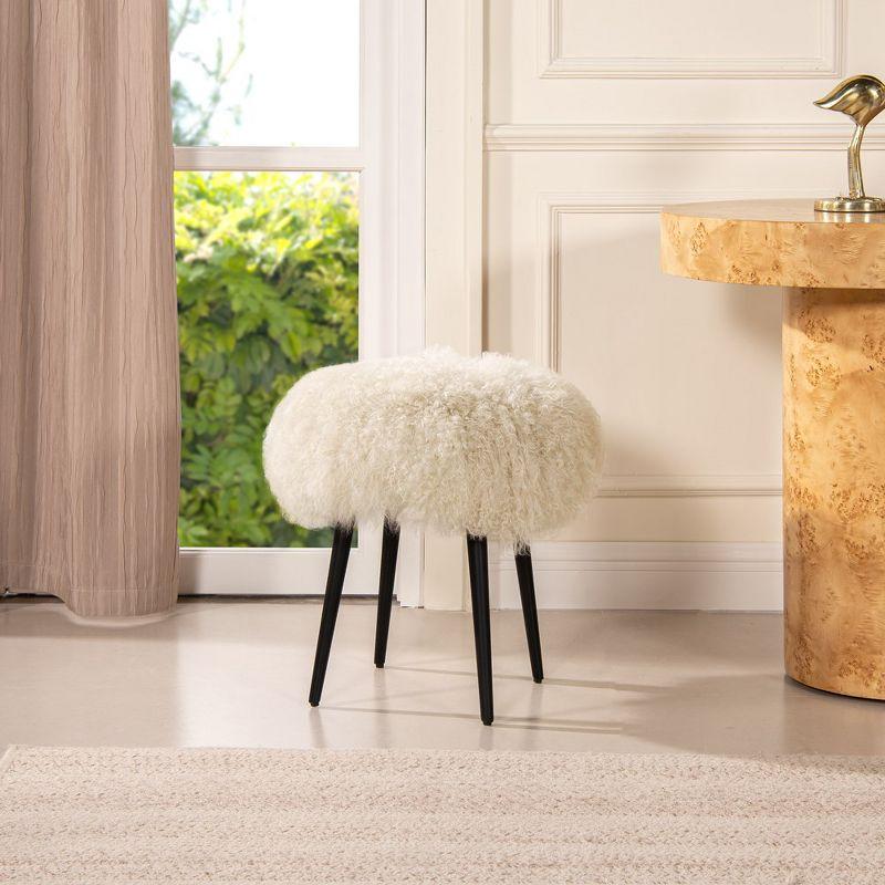 Dimensional Gray Mongolian Sheepskin Round Ottoman with Black Metal Legs