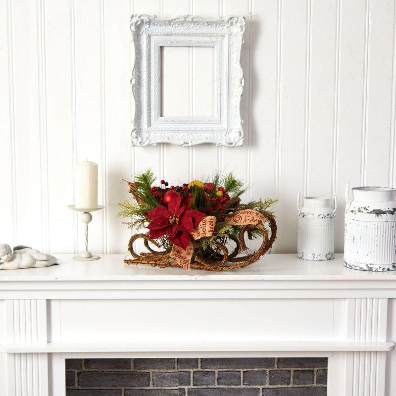 Nearly Natural 18-in Christmas Sleigh with Poinsettia, Berries and Pinecone Artificial Arrangement with Ornaments