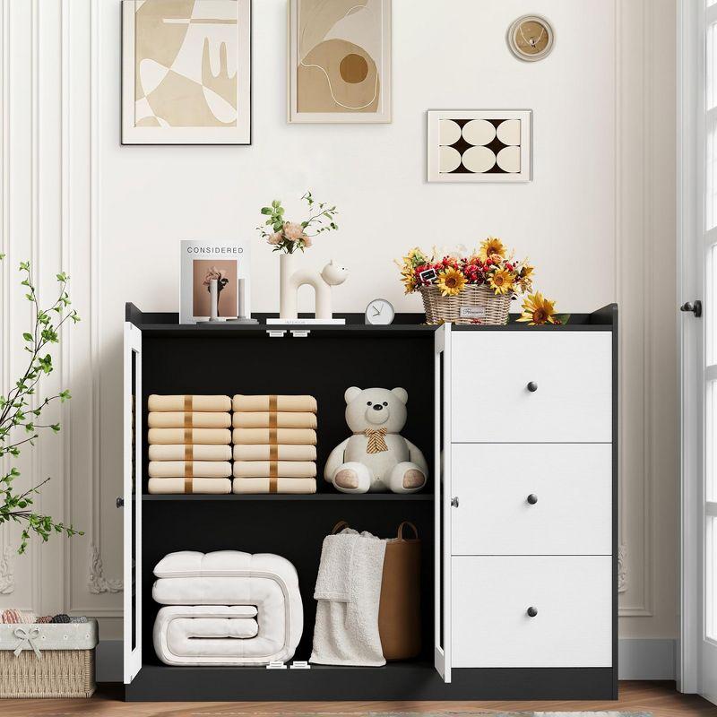 ZACOO Sideboard Buffet Cabinet With Storage, 43" Coffee Bar Cabinet With Glass Doors And 3 Drawers, Storage Cabinet With Adjustable Shelves