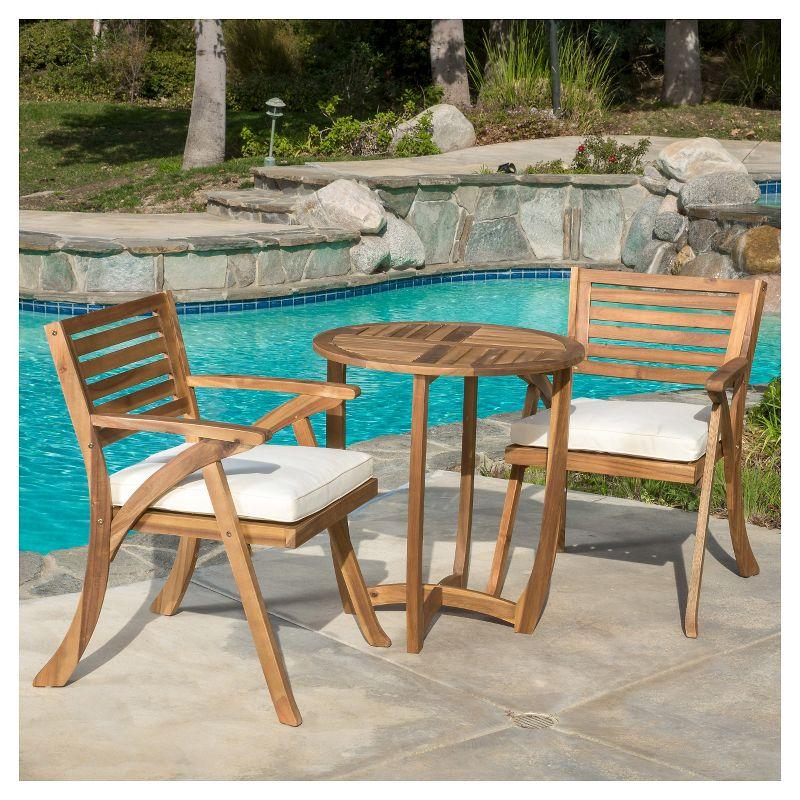 Coronado 3pc Acacia Wood Patio Bistro Set with Cushions - Teak Finish - Christopher Knight Home: Outdoor Dining Furniture with Weather-Resistant Frame