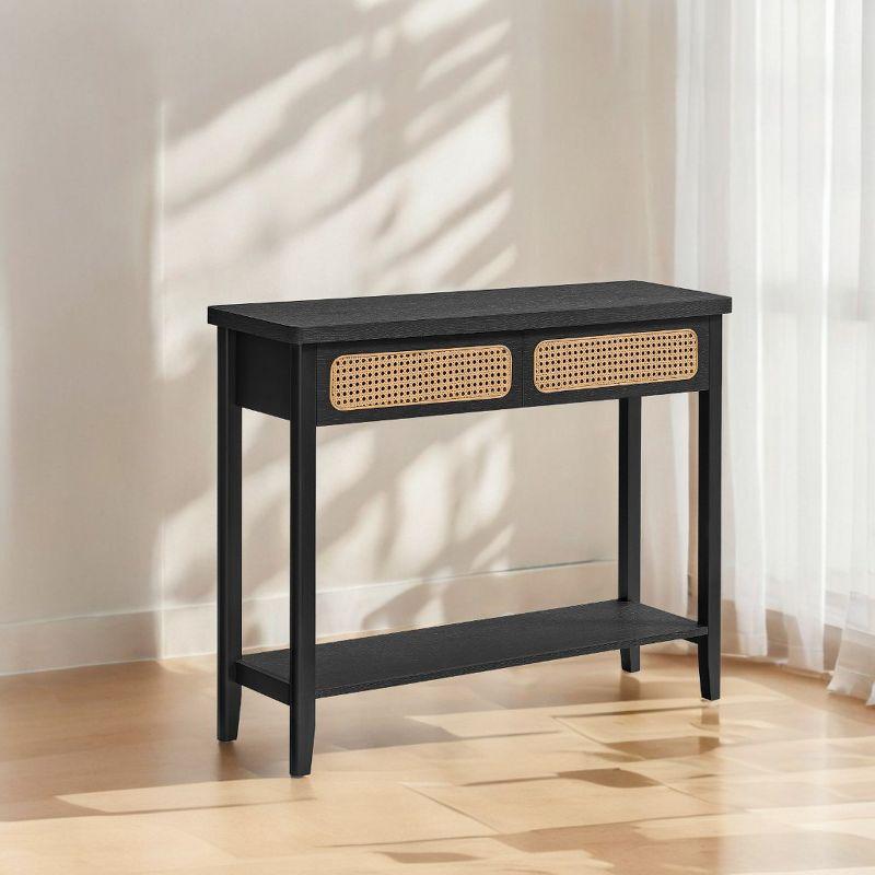 Ash Black Console Table in Boho Style. A Narrow Entryway Table with 2 Drawers and an Open Storage Shelf. for the Living Room.Sofa Table