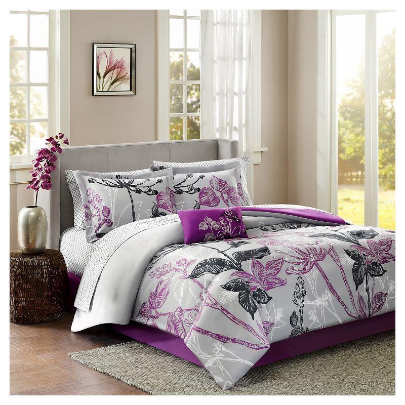 Twin Purple Microfiber Comforter Set with Gathered Embellishment