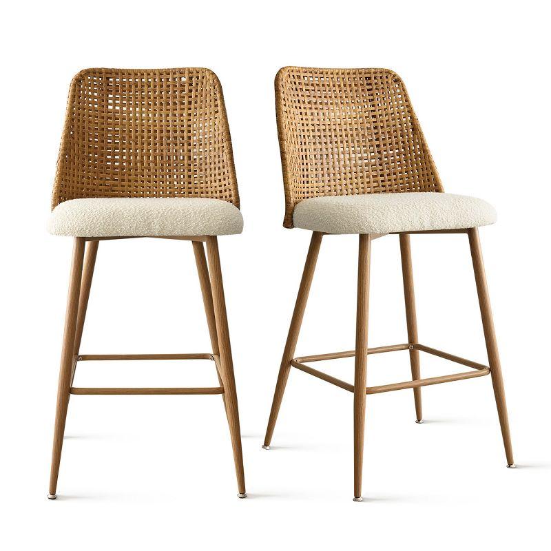Nice Boucle Counter Stool Set Of 2,Beige Upholstered Rattan Counter Stool,27 Inch Stools With Back for Kitchen Island-Maison Boucle