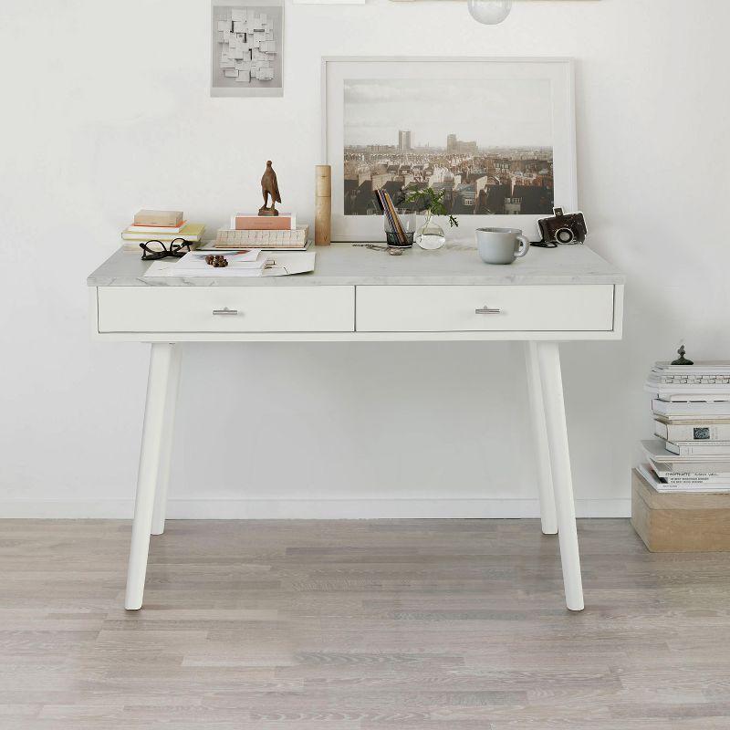 The Bianco Collection Viola 44" Rectangular Italian Carrara White Marble Writing Desk with White Legs