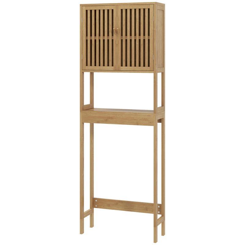 HOMCOM Bamboo Over the Toilet Storage Cabinet, Bathroom Space Saver Above Toilet with Double Slatted Doors, Adjustable Shelf and Open Shelf, Natural