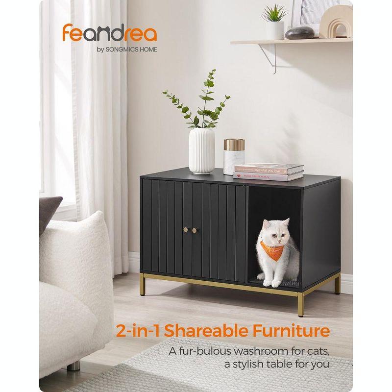 Feandrea Litter Box Enclosure, Modern Furniture with Scratching Mat, Cat House Simply Black and Metallic Gold