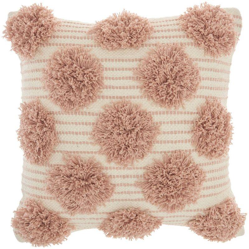 Blush and Ivory Cotton Tufted Pom Poms Square Throw Pillow 18"