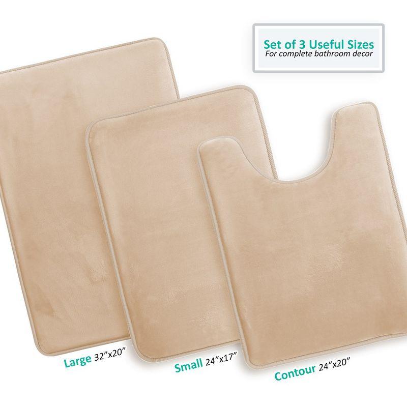 Hearth & Harbor 3 Piece Bathroom Rugs Bath Mat Set, Non-Slip Velvet Memory Foam Bath Mats, Beige Cream