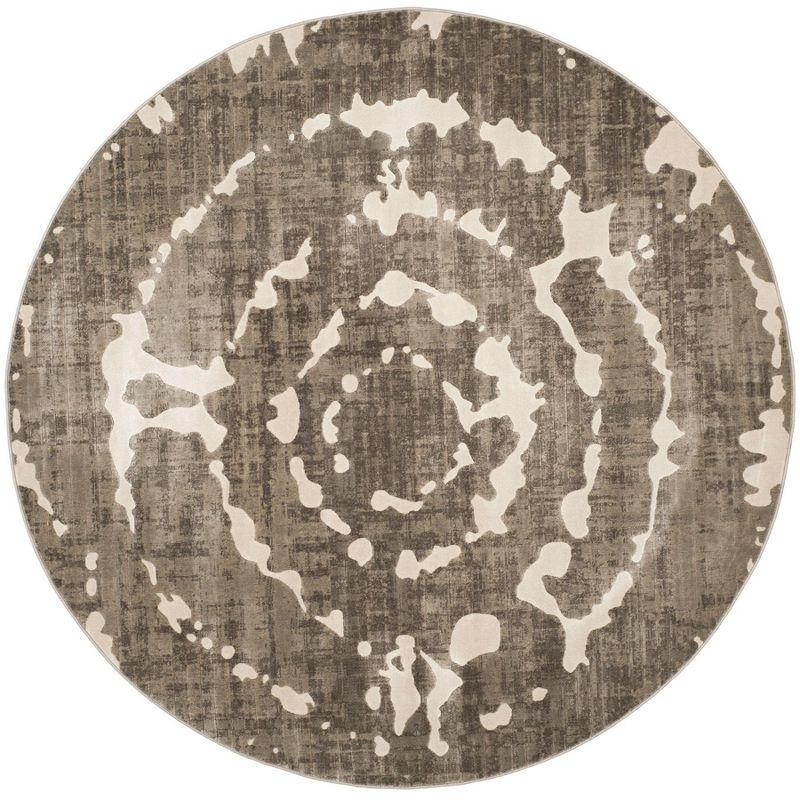 Grey and Ivory Round Floral Synthetic Area Rug