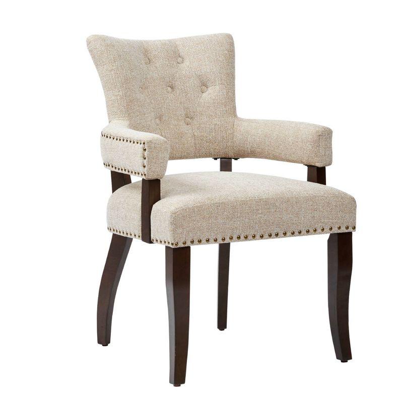 Elegant Cream Upholstered Dining Armchair with Brass Trim, Set of 2