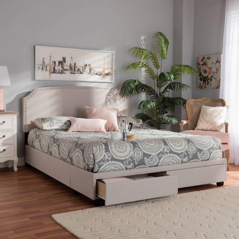 Queen Beige Upholstered Platform Bed with Storage Drawers