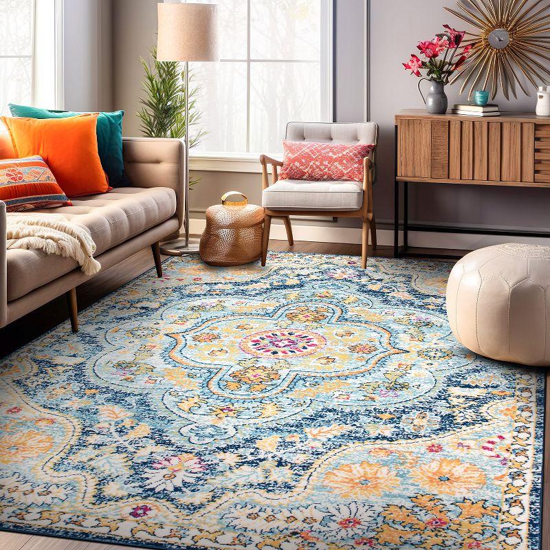 World Rug Gallery Distressed Vintage Bohemian Navy 5' x 7' Area Rug:  Medallion Pattern,  Pet Friendly,  Stain-Resistant,  Low Pile