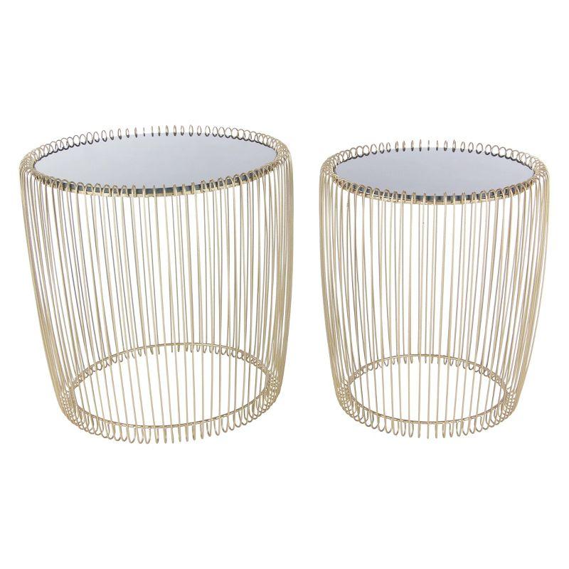 Elegant Gold Metal and Black Glass Round Accent Table Set