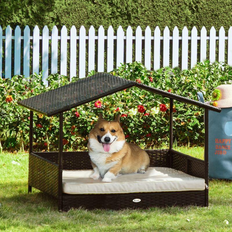 PawHut Wicker Dog House Elevated Raised Rattan Bed for Indoor/Outdoor with Removable Cushion Lounge, Cream