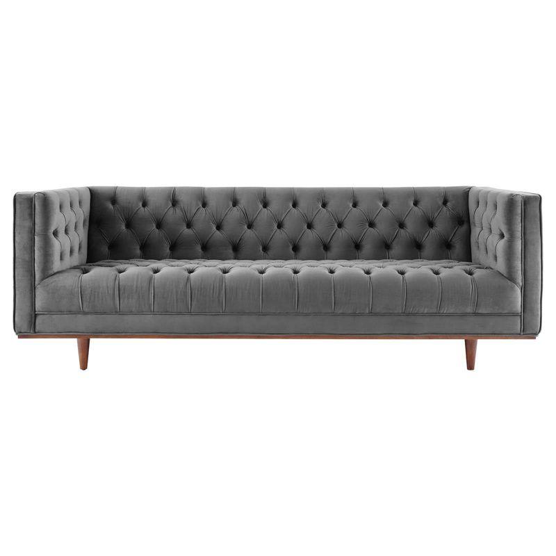 Elation 90.5'' Gray Faux Leather Tufted Sofa with Wood Frame