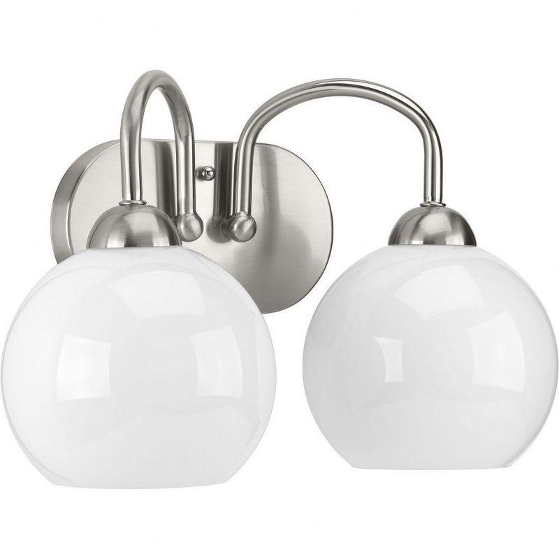 Progress Lighting Carisa 2-Light Bath Wall Light in Brushed Nickel with White Glass Globes