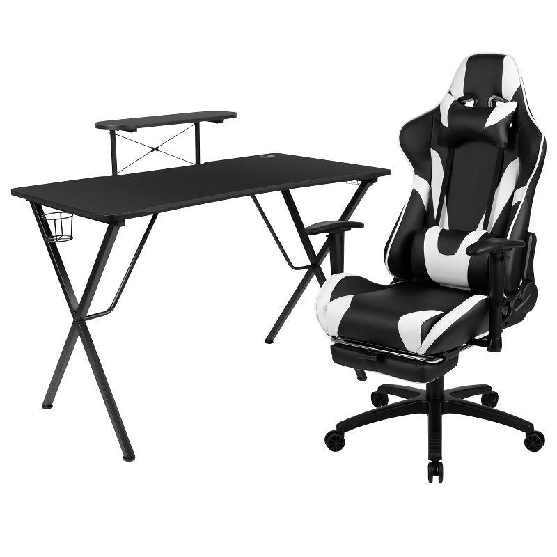 Black Ergonomic Gaming Desk & Chair Set with Footrest and Cup Holder