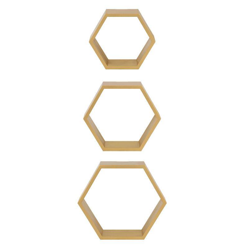 Gold Hexagon Floating Wood Wall Shelf Set