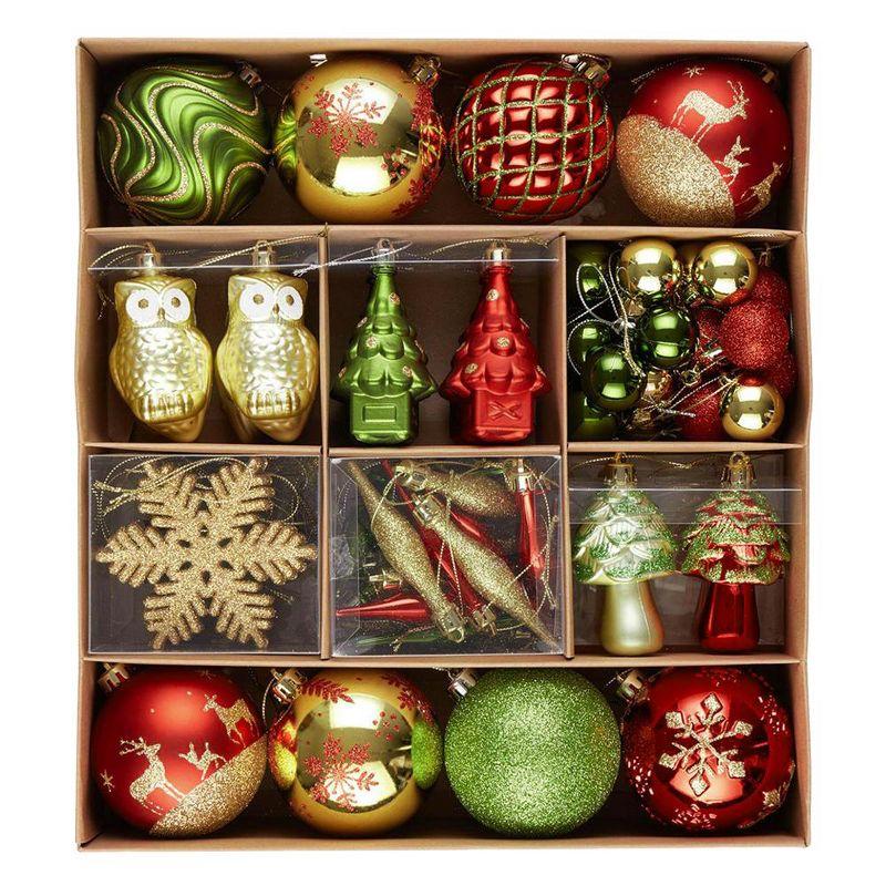 80-Piece Glittered Christmas Ornament Set with Baubles, Snowflakes, and Trees