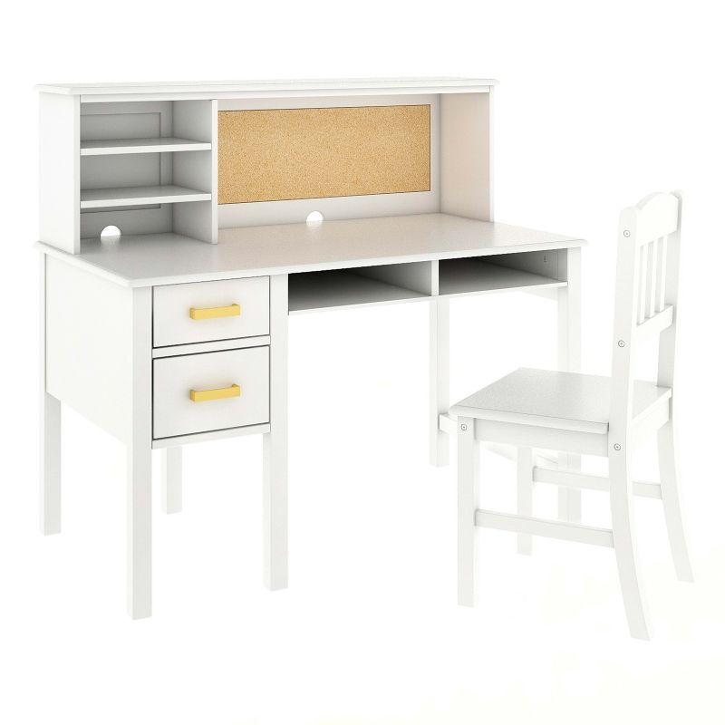 Guidecraft Taiga Kids Desk and Chair Set with Hutch - White: Kids Wood Desk with Drawers, Storage Shelf, and Corkboard | Study Table for Kids Bedroom