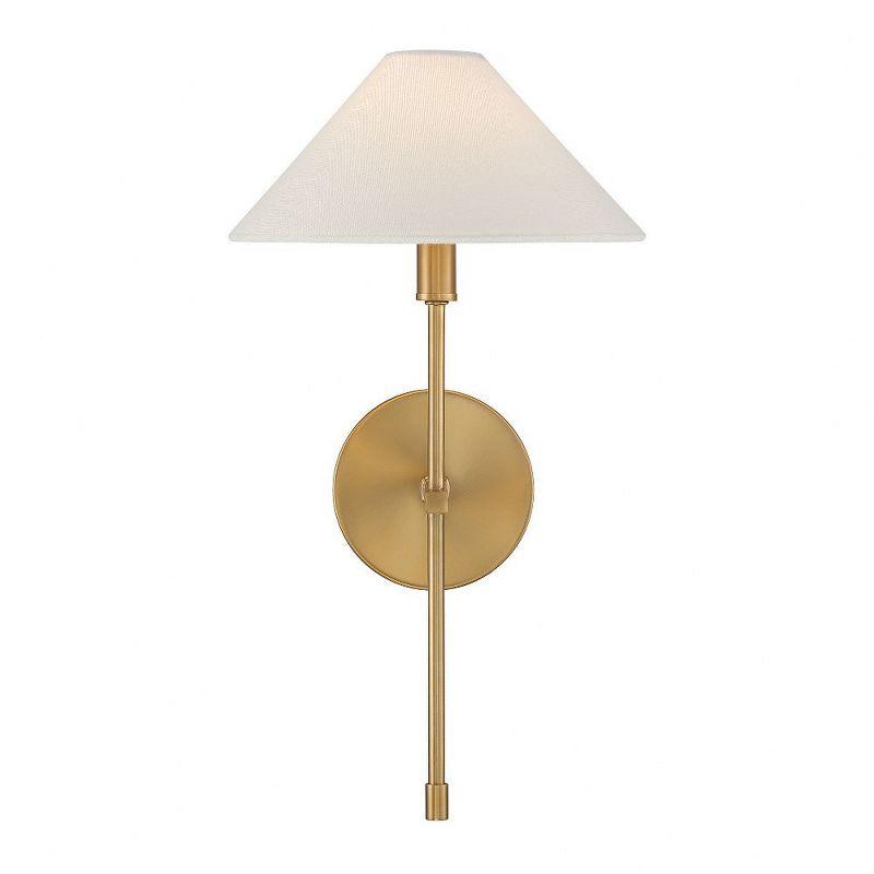 Warm Brass Dimmable Sconce with White Linen Shade