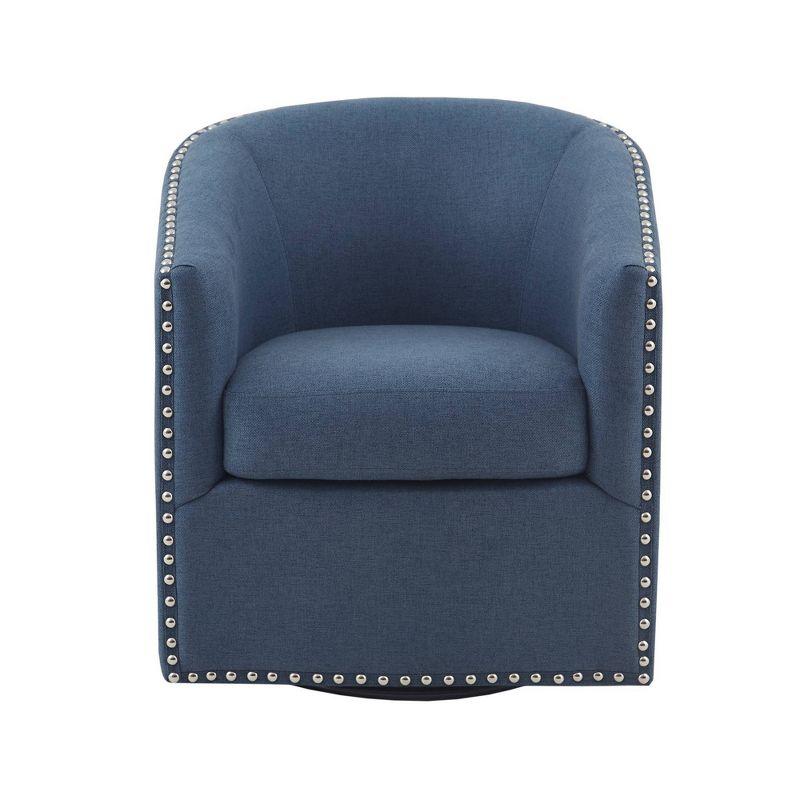 Madison Park Sheldon Swivel Chair Blue: Elegant Barrel Design, Nailhead Trim, 360° Rotation, No Assembly Required