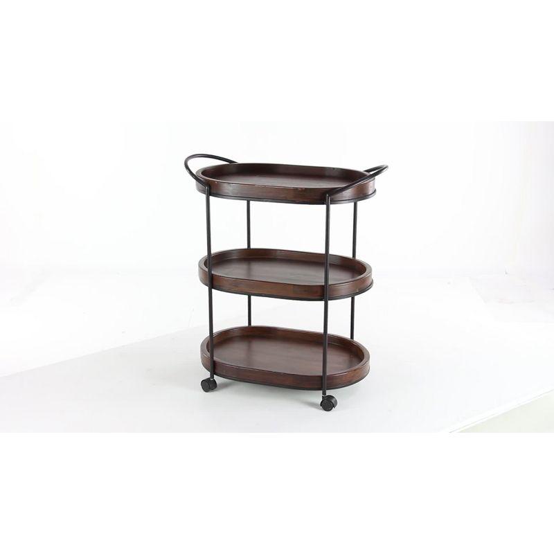 Brown Pine and Iron 3-Tier Rolling Bar Cart